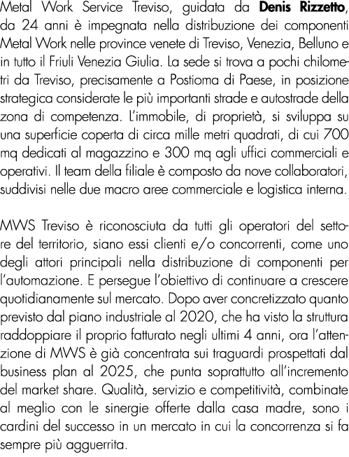 Metal Work Service Treviso, guidata da Denis Rizzetto, da 24 anni  impegnata nella distribuzione dei componenti Meta...